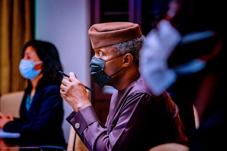 Vice President Yemi Osinbajo SAN receives a mission debrief from AFDB Officials on the Industrial Zone led by Toda Atsuko- Acting Vice President, Agriculture, Human and Social Development at the State House, Abuja. 16th April, 2021. Photos; Tolani Alli